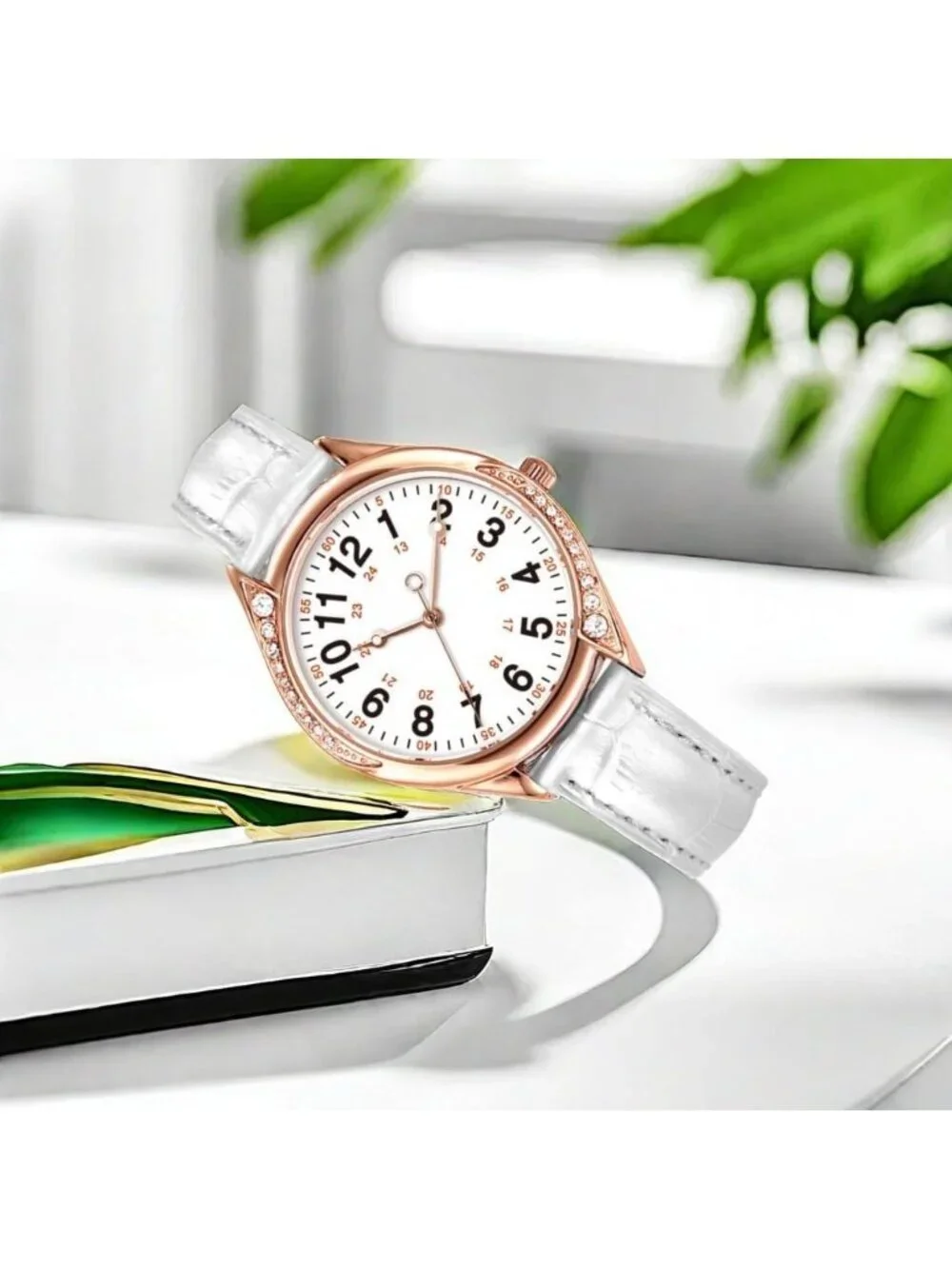 Women's White Analog Quartz Leather Band Crystal Rhinestone Bezel Wrist Watch